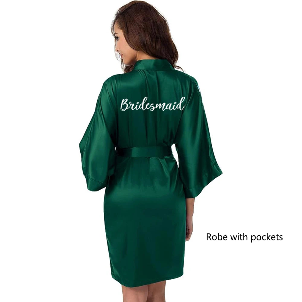 Light Blue Women's Satin Robe Short Kimono for Bride & Bridesmaid With White Letter, Wedding Party Robes