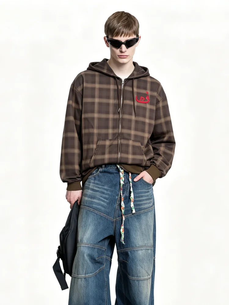 Y2K Muted Brown Check Red Chest Embroidery Full Zip Drop Shoulder Loose Hooded Sweatshirt