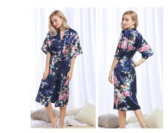 Womens Silk Satin Kimono Robes Long Sleepwear Dressing Gown Floral Peacock Printed Pattern Party Wedding Bridesmaid Bathrobe