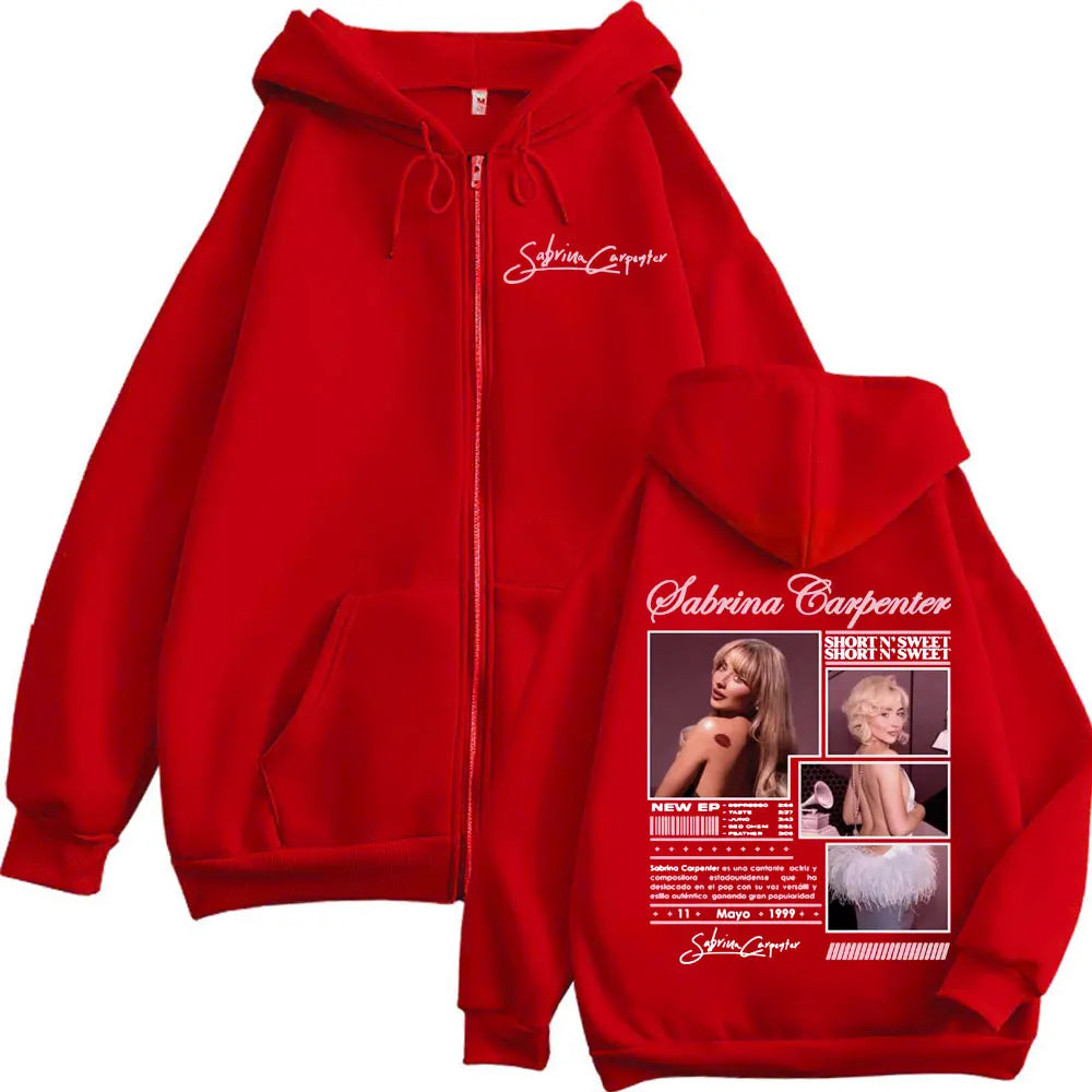 Sabrina Carpenter Short N' Sweet Merch Zipper Hoodie Fashion Aesthetic Zip Up Sweatshirt Men Women Oversized Casual Pullovers