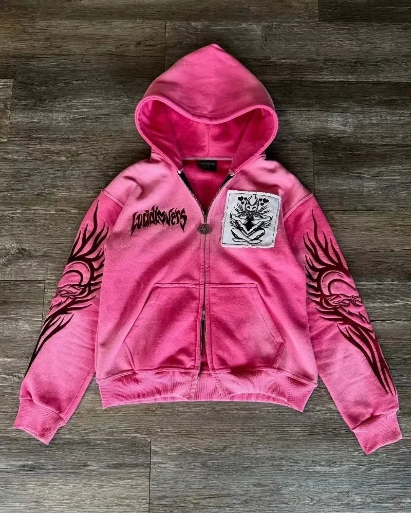 Y2K Clothing New Fashion Letter Embroidery Patch Zipper Hooded Sweater Men Gothic Harajuku Hip Hop Popular Casual Sweatshirt