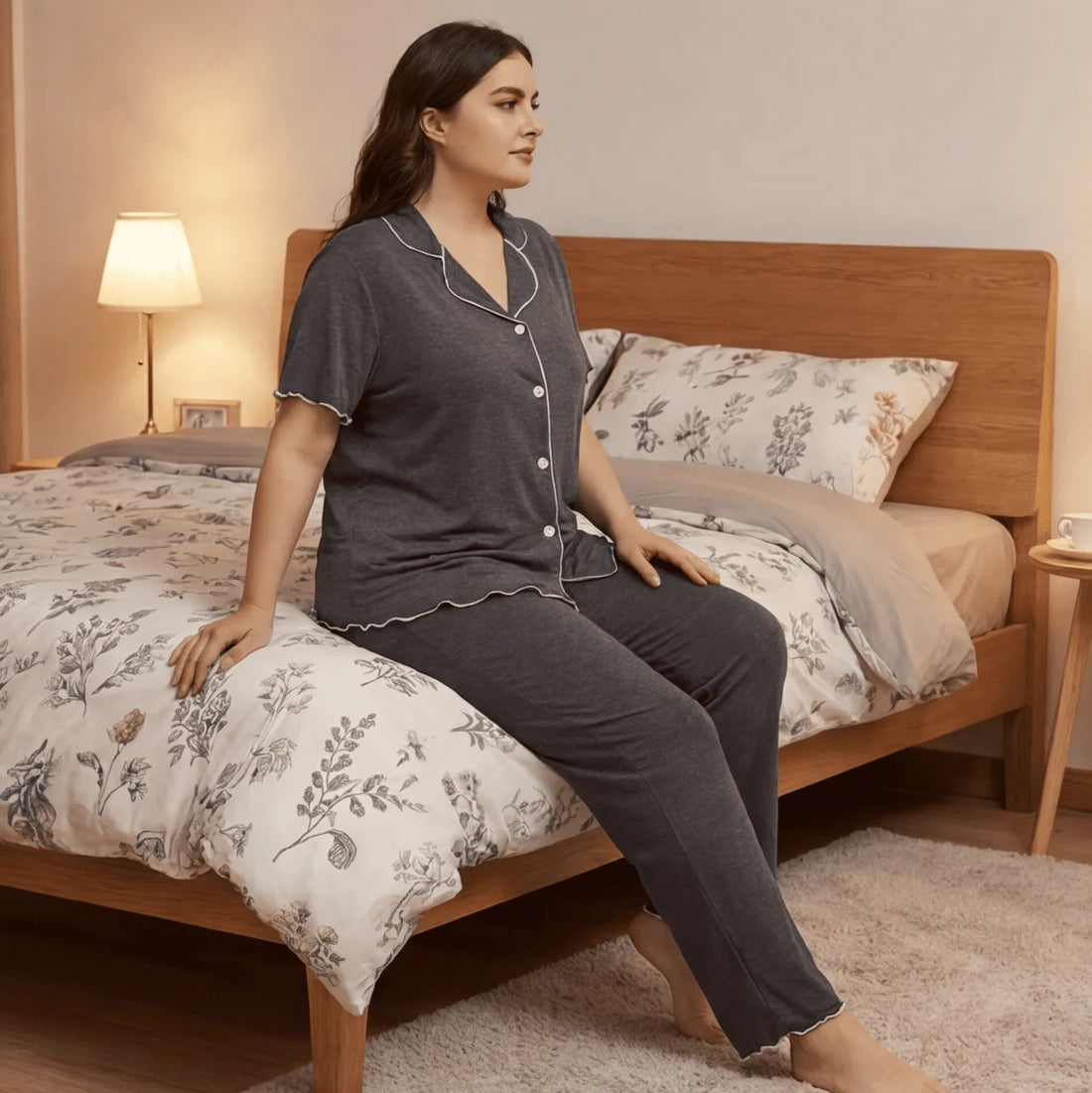 EU US Plus Size Women Solid Pajamas Set Summer Loose Loungewear Button Short-sleeved Cardigan Trousers Two-piece Set 0XL - 4XL