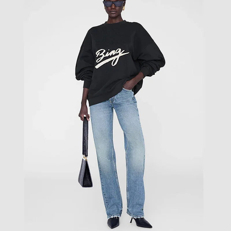 Winter new North American niche AB art word hand cranked special embroidery fleece round neck women's sweatshirt