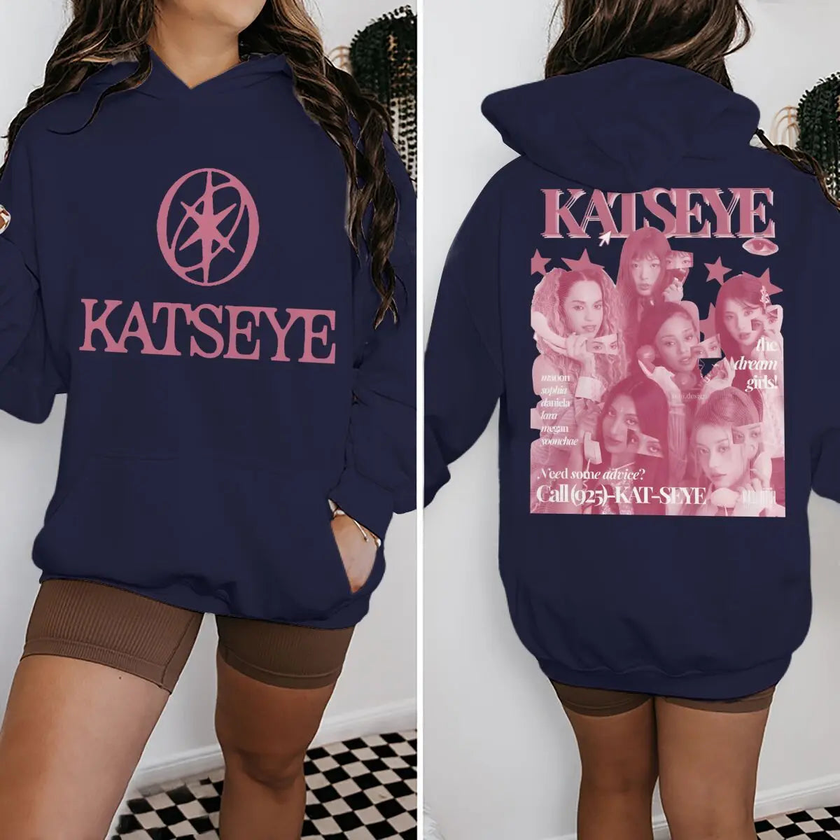 Women Pink Katseye Print Pocket Hoodies Spring Autumn Hip Hop Music Lover Gifts Pullover Vintage Katseye Unisex Gothic Hoody