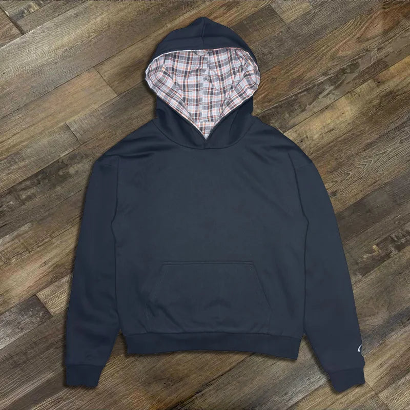 Unisex American Hip-Hop Plaid Print Loose Hoodie Y2K Pullover for Autumn Winter Men Women