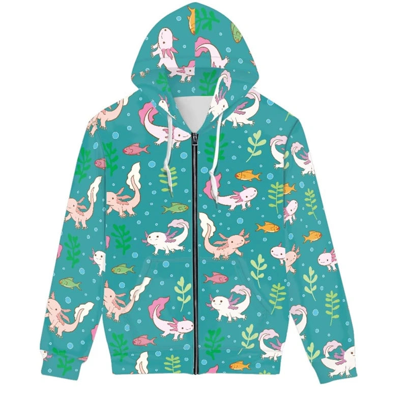 Hot Sale Cute Axolotl 3D Printed Zip Up Hoodies Men Women Outdoor Leisure Trend Sweater Graphic Hooded Sweatshirt Man Clothing
