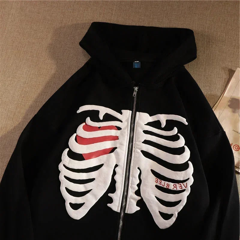 Y2K Skeleton Hoodies Women 2025 Vrouwen Gothic Zwart Zip Up Oversized Sweatshirt Dames Retro Harajuku Capuchon Streetwear Tops