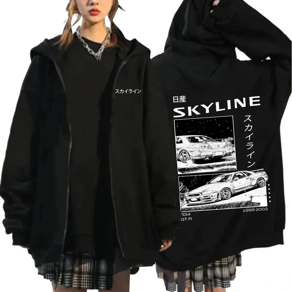 Initial D Zipper Hoodies Men's Clothing Autumn Winter Zip Up Hooded Sweatshirts Casual Vintage Loose Hoodie Jacket