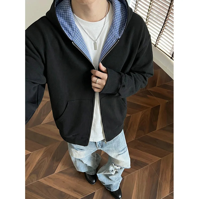 Retro Varsity Men's Layered Zip Up Hoodie Checked Lining Relaxed Fit Streetwear Jacket Hip-hop Unisex Hoodies