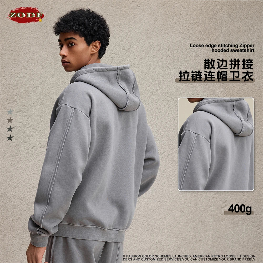 ZODF Retro 2025 Autumn Winter Zipper Fleece Hoodies For Man Unisex 400gsm Solid Washed Batik Warm Hooded Coats HY1084