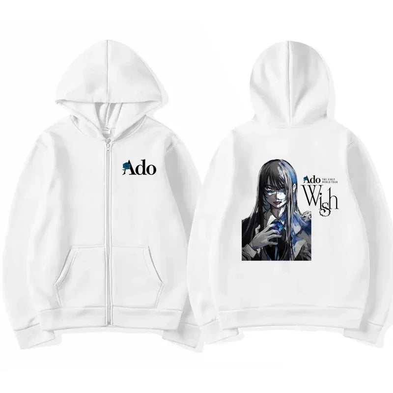 2025 Ado Graphic Printed Zipper Hoodies Autumn Winter Men Women Casual Fashion Harajuku Y2K Fleece Long Sleeve Zip-Up Hoodies