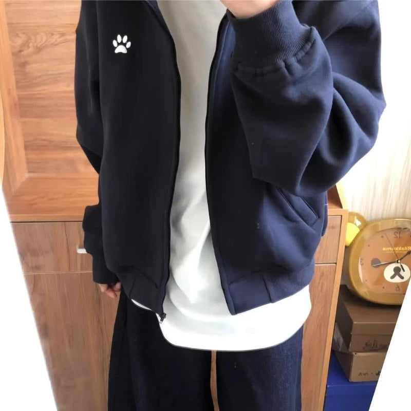 Women Vintage Hoodie Dog Paw Embroidery Plaid Patchwork Hooded Sweatshirt Couple Streetwear Autumn Jacket