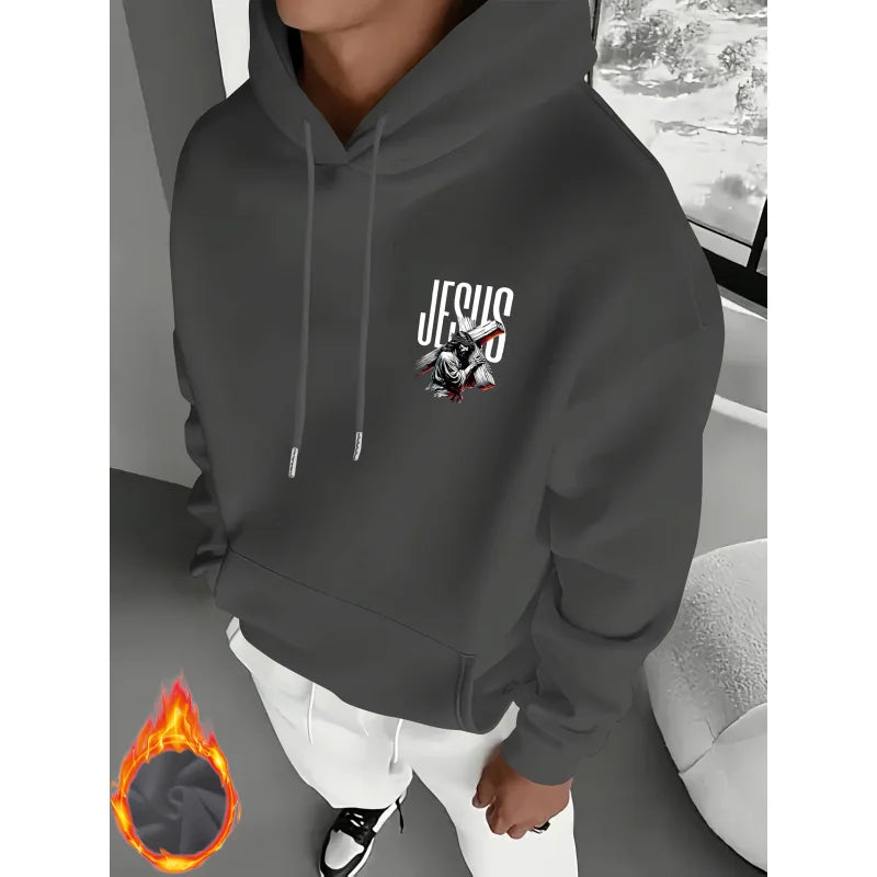 Men's Hooded Sweatshirt with JESUS Pattern Print Casual Loose Fit Lightweight Street Fashion Activewear Daily Wear for Teenagers