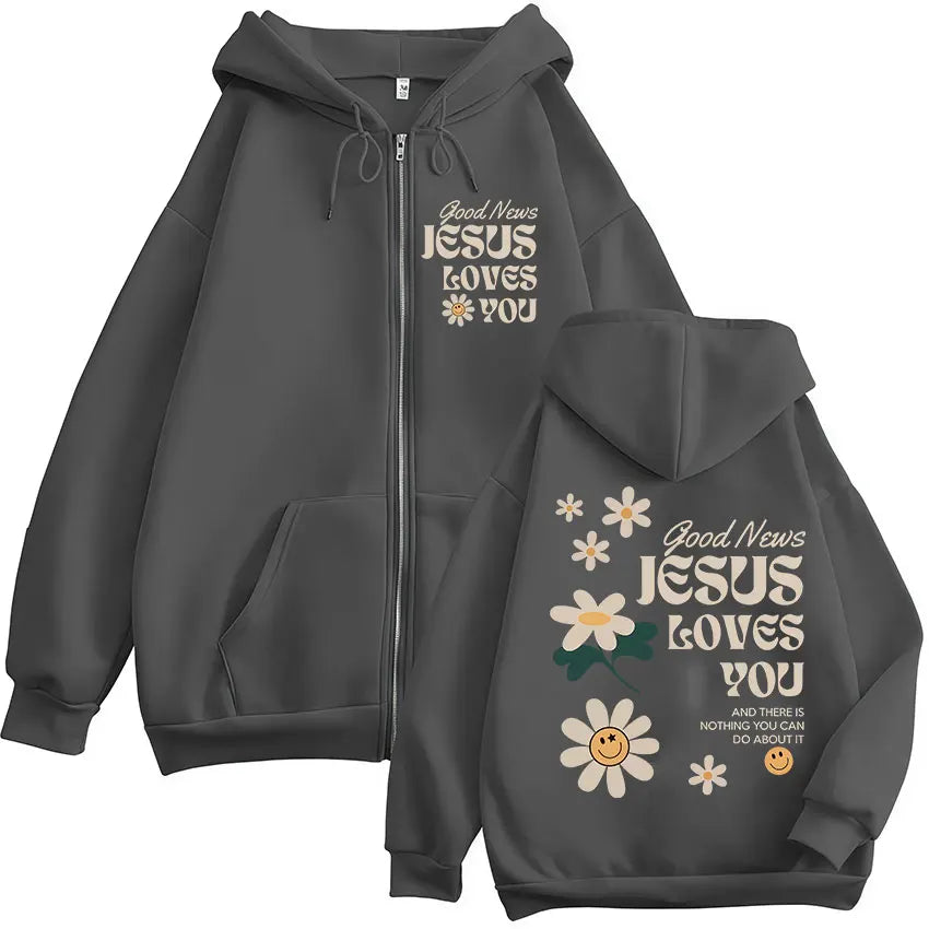 Good News Jesus Loves You Christian Zipper Hoodies Men Women Clothing Fashion Sweat Zip Up Sweatshirts Oversized Pullover Jacket