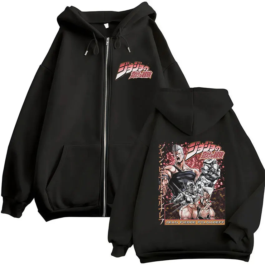 Anime JoJo Bizarre Adventure Jan Pierre Polnareff Zipper Hoodies Men Women Clothing Fashion Hip Hop Zip Up Sweatshirts Jackets