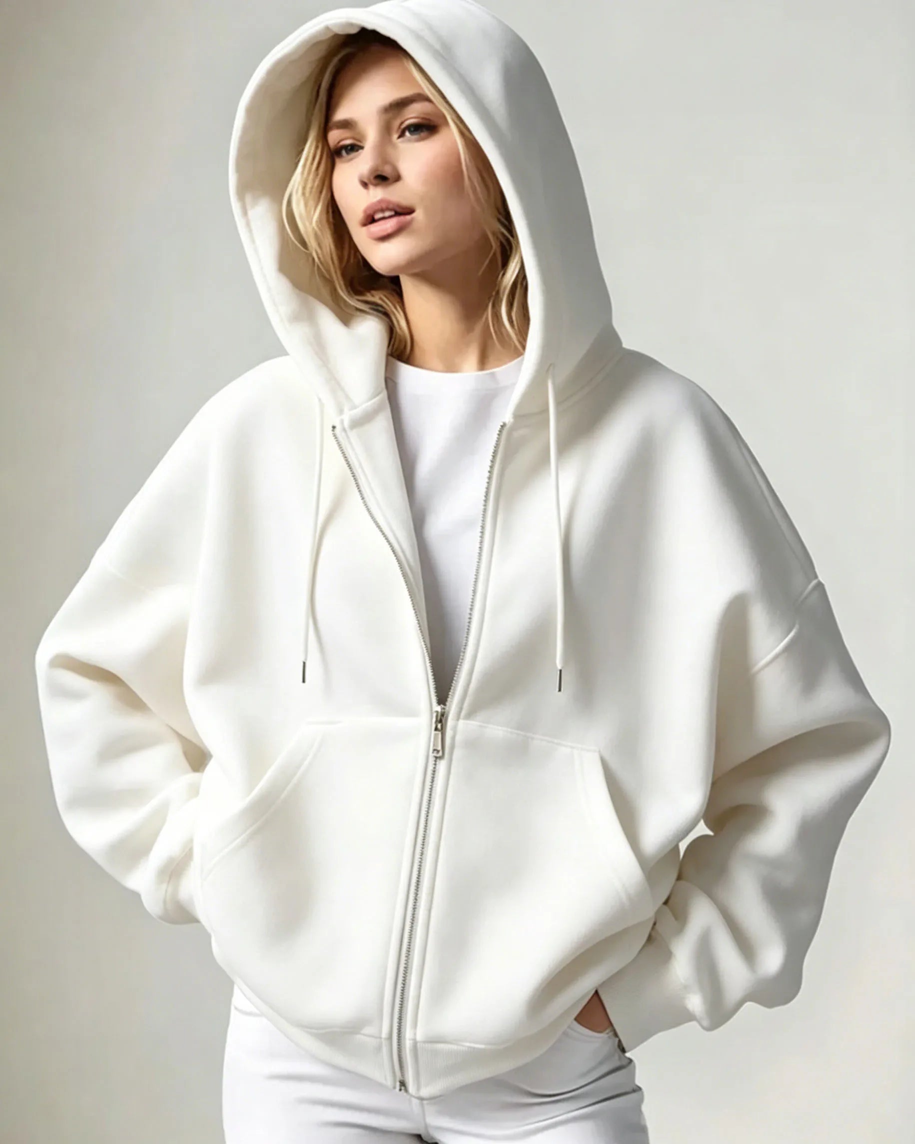 Women Solid Full Zip Up  Hoodie Casual Loose Pocket Hooded Jacket  Soft Long Sleeve Sweatshirt Autumn Winter couple Outerwear