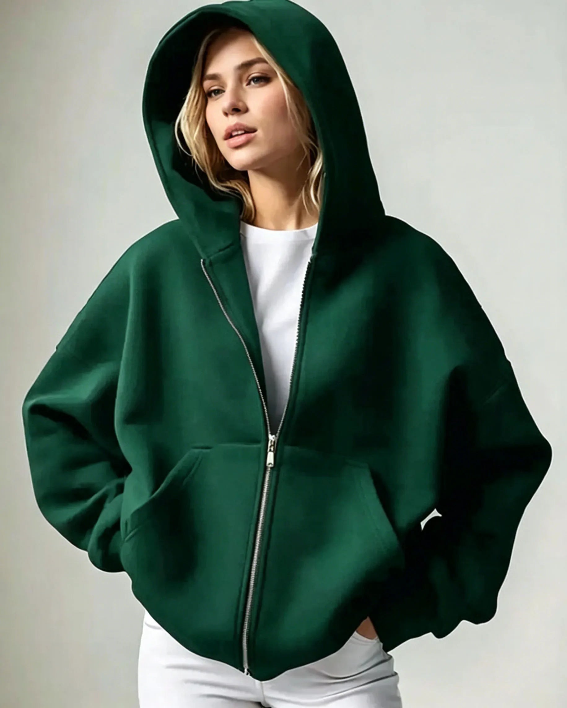 Women Solid Full Zip Up  Hoodie Casual Loose Pocket Hooded Jacket  Soft Long Sleeve Sweatshirt Autumn Winter couple Outerwear