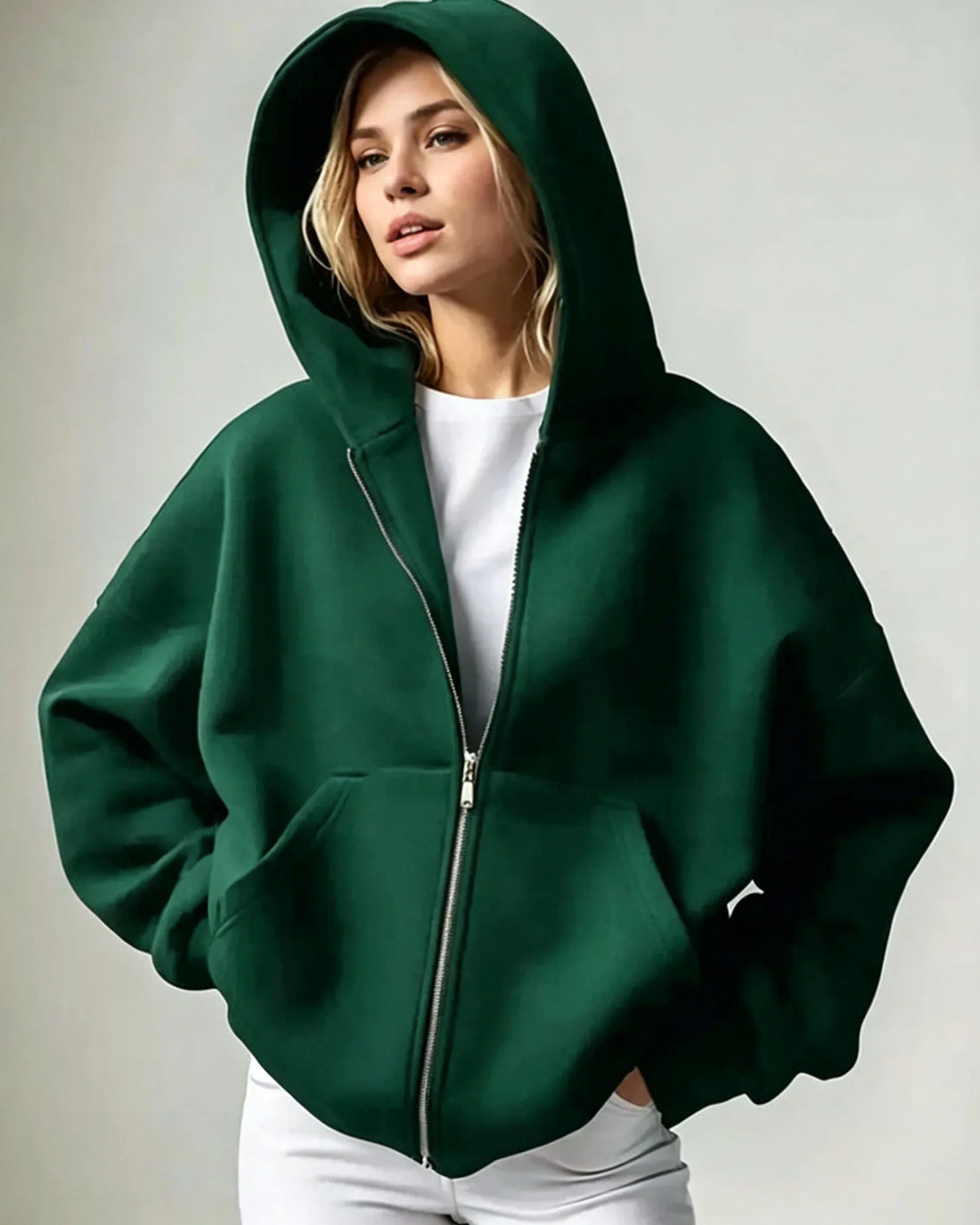 Women Solid Full Zip Up  Hoodie Casual Loose Pocket Hooded Jacket  Soft Long Sleeve Sweatshirt Autumn Winter couple Outerwear