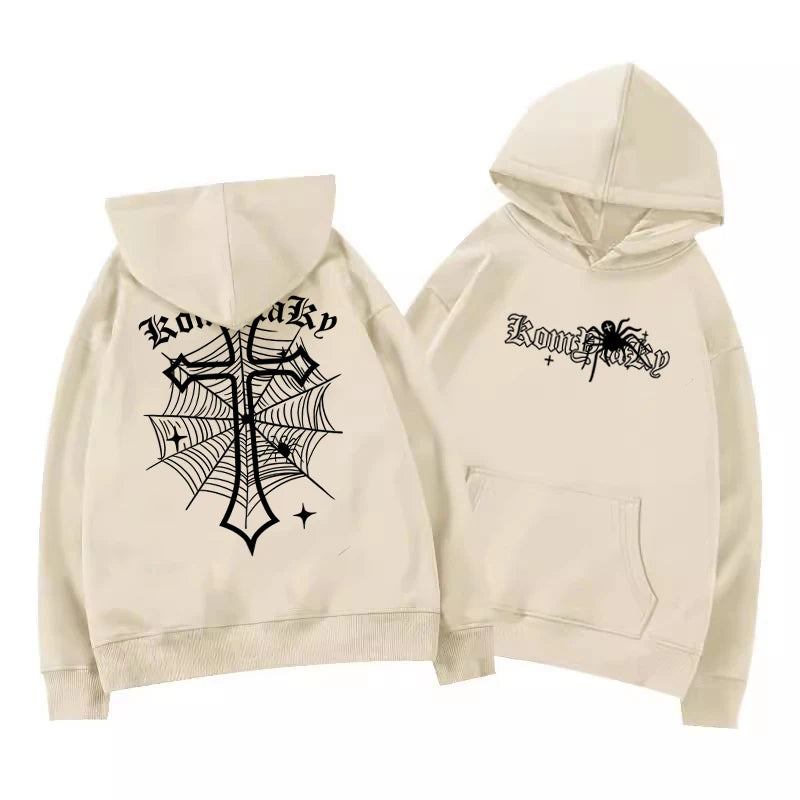 European American High Street Spider Cross Autumn Winter Fleece Warm Hooded Sweatshirt Casual Adult Men Versatile Soft Daily Use