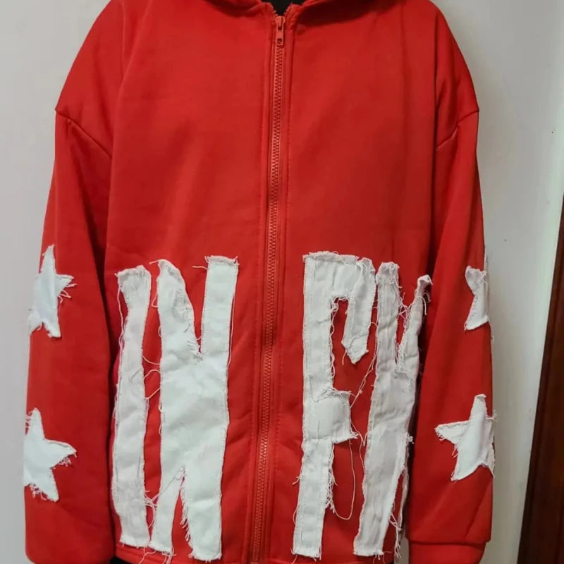Autumn And Winter Hoodie Patchwork Letter Star Pattern Long Sleeved Pullover Hoodie Harajuku Fashionable Loose Versatile Jackets