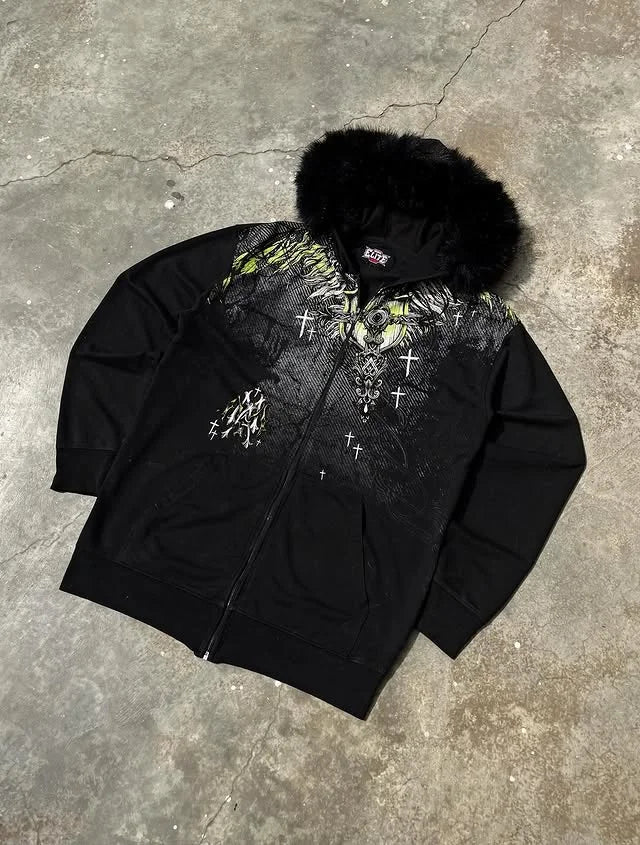 Y2K MMA Lint Sweatshirt Gothic Vintage Pattern Oversized Hooded ZipUp Sweatshirt Trend Men Women Fashion Casual Streetwear
