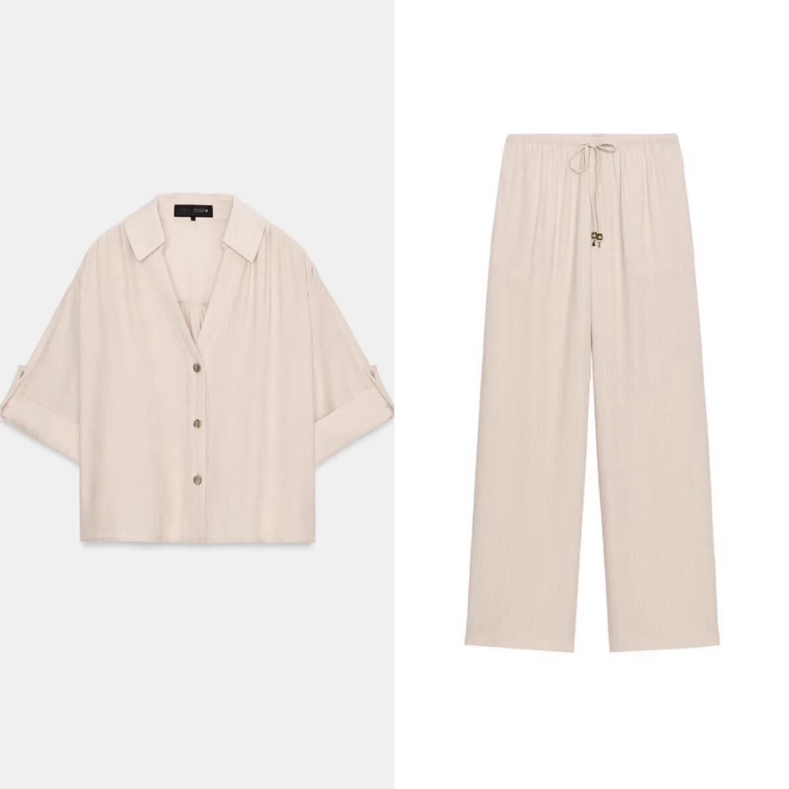 Summer women's collar short sleeved casual drape shirt high waist elastic waist long straight leg pants set