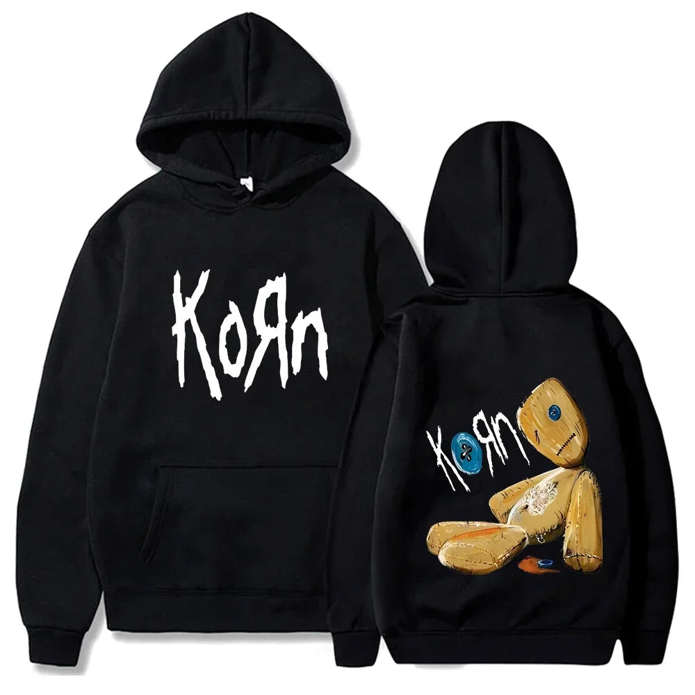 Dark Niche Nu-metal Band Hoodie with Double-sided Front and Back Voodoo Doll Logos, Loose-fit Couple Tops