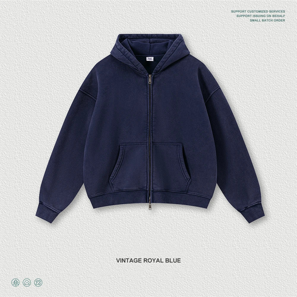 ZODF Retro Washed Man Boxy Fit 400gsm Fleece Zipper Hoodie Unisex Distressed Loose Warm Hooded Coat Jacket Brand Outwears HY1184