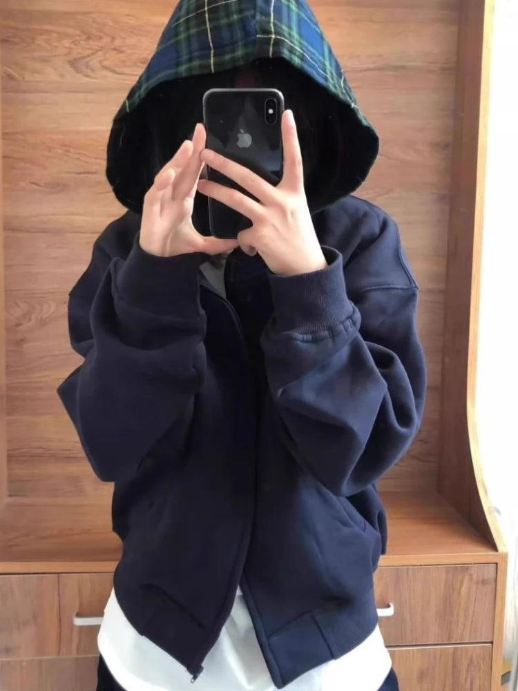 Women Vintage Hoodie Dog Paw Embroidery Plaid Patchwork Hooded Sweatshirt Couple Streetwear Autumn Jacket