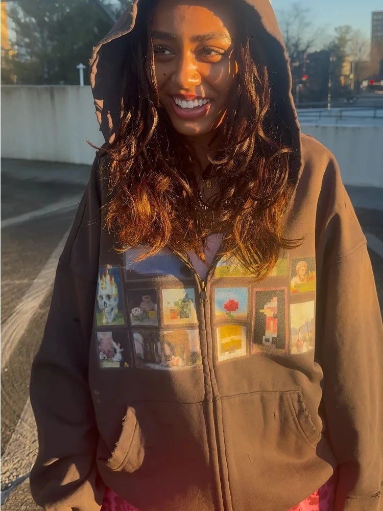 Y2K Retro Gallery Hoodie Brown Pixel Painting Art Pattern Zip Up Sweatshirt Trendy Classic Streetwear Unisex Oversize Clothing