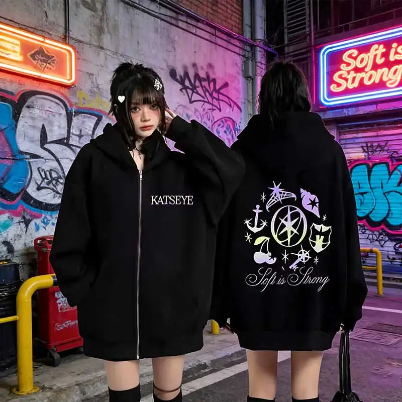 Katseye Graphics tracksuit vintage Hoodie Men Women 2026 tops Fleece fashion clothes Hip Hop Coat Zip Up Jacket Loose streetwear