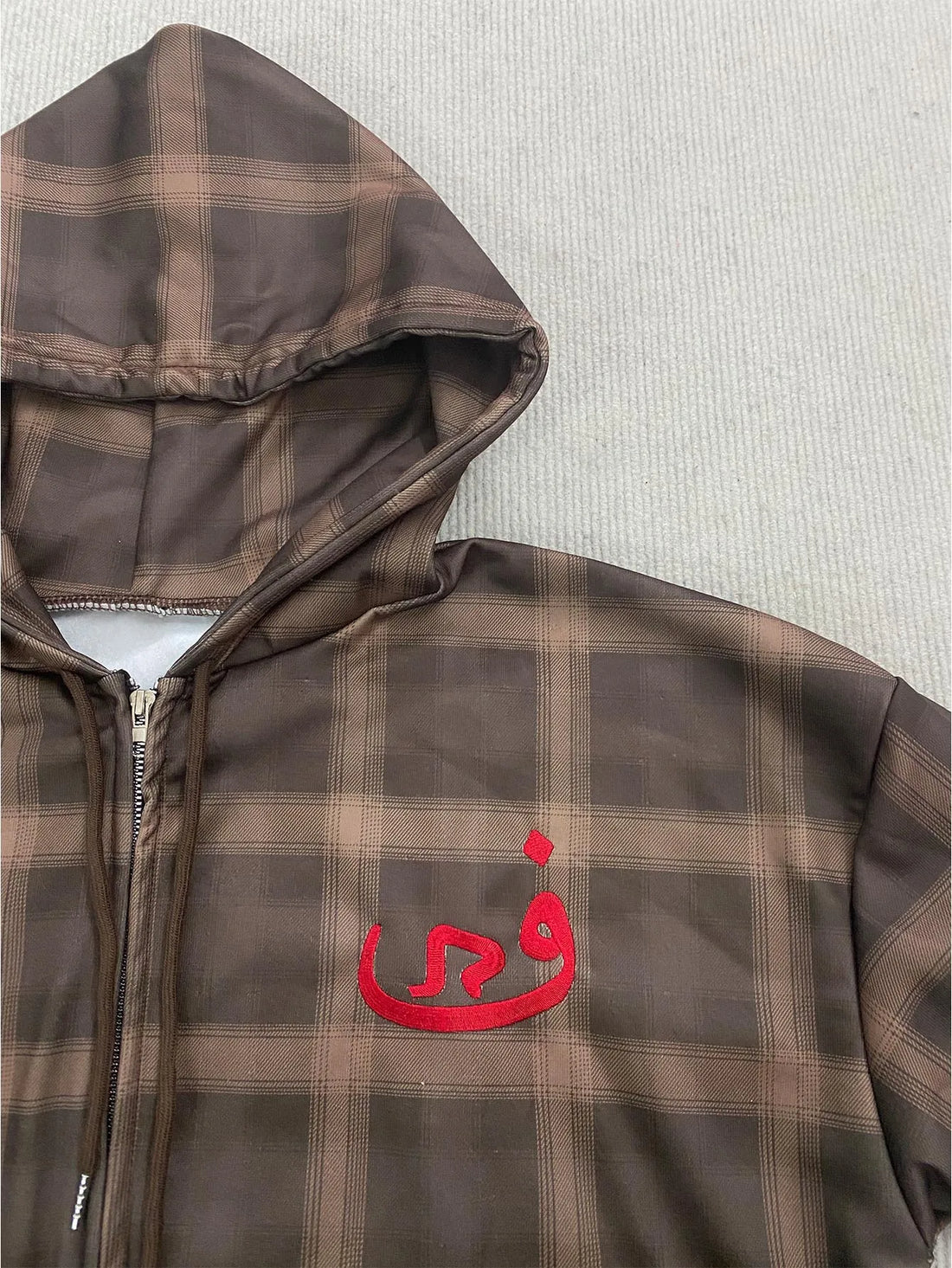 Y2K Muted Brown Check Red Chest Embroidery Full Zip Drop Shoulder Loose Hooded Sweatshirt
