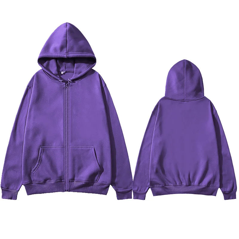Oversized Unisex Hoodie, Solid Color Zip Up Jacket, Casual Street Trendy Plain Hooded Sweatshirt