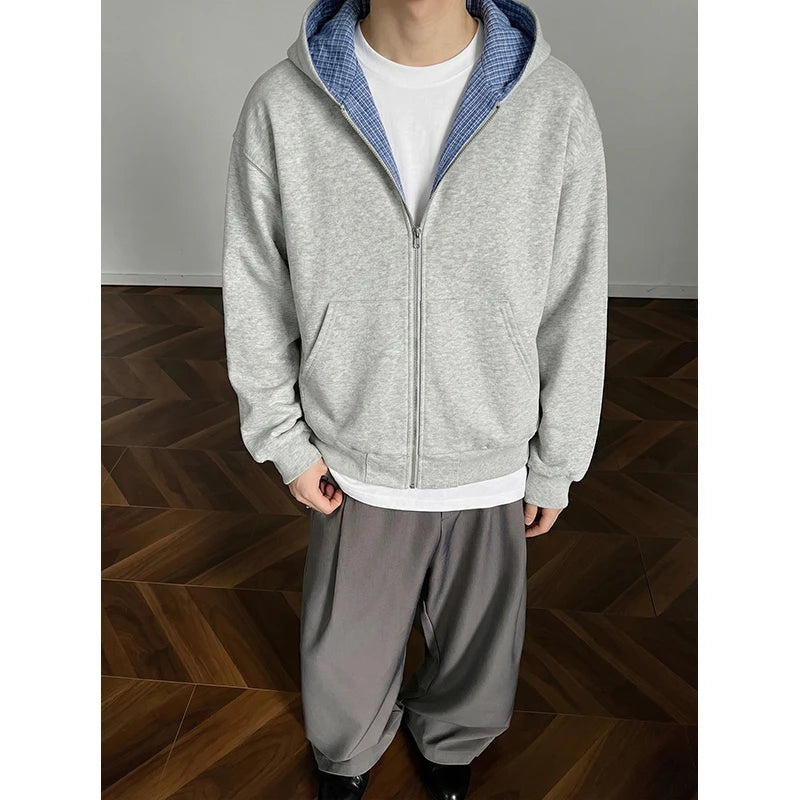 Retro Varsity Men's Layered Zip Up Hoodie Checked Lining Relaxed Fit Streetwear Jacket Hip-hop Unisex Hoodies