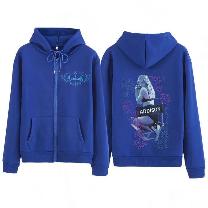 Addison Rae Double-sided Print Vintage Zipper Hoodies Men Women Oversized Fashion  Long Sleeve Aesthetics Zip Up Sweatshirts Top