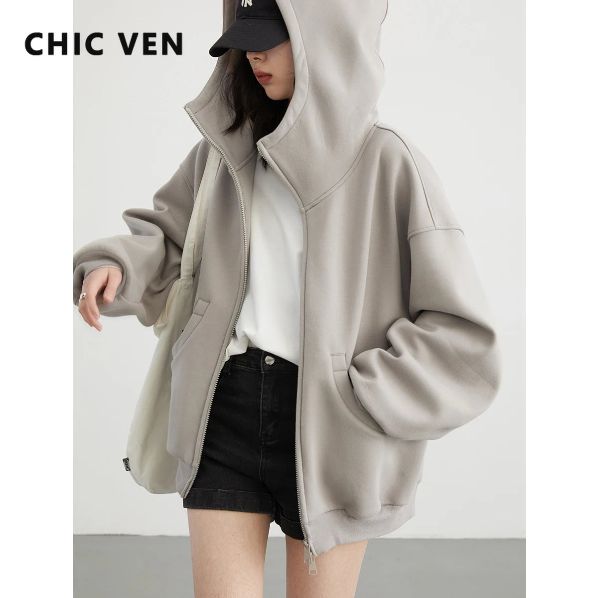 CHIC VEN Women Sweatshirts Loose Casual Hooded Long Sleeves with Plush Sweater Double Zipper Oversize Coat Spring Autumn 2026