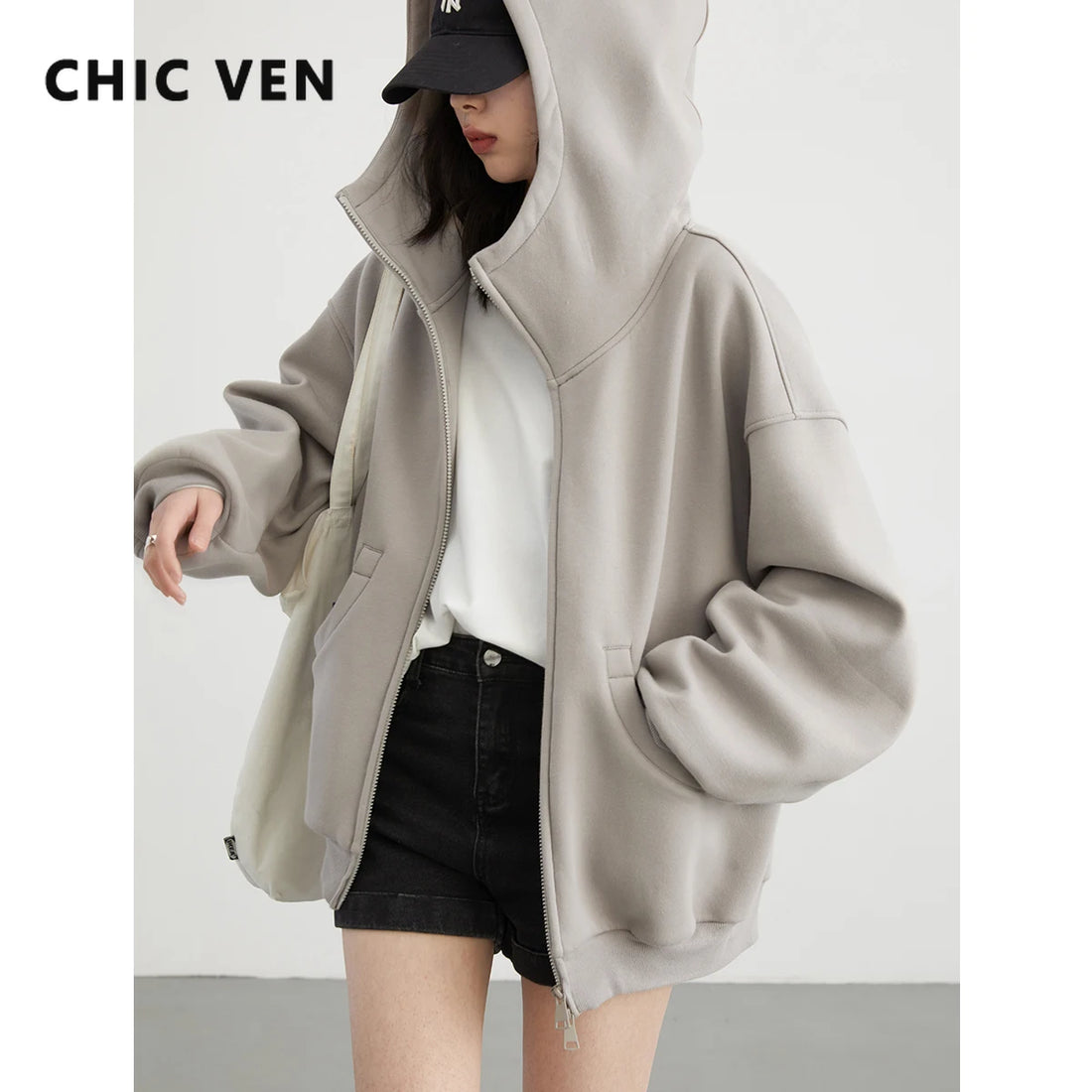 CHIC VEN Women Sweatshirts Loose Casual Hooded Long Sleeves with Plush Sweater Double Zipper Oversize Coat Spring Autumn 2026