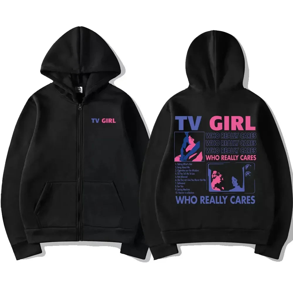 TV Girl Who Really Cares Print Zip Up Hoodie Unisex Oversized Black Streetwear Jacket