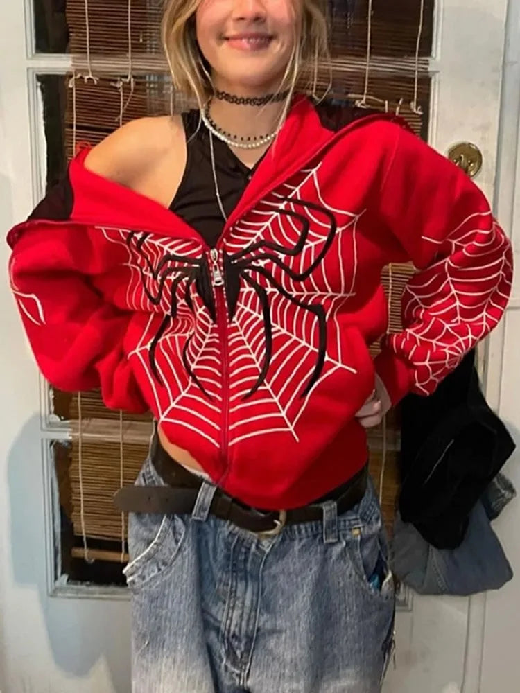 cross-border new Europe and the United States INS autumn and winter spider web print street hipster full zipper pullover hoodie