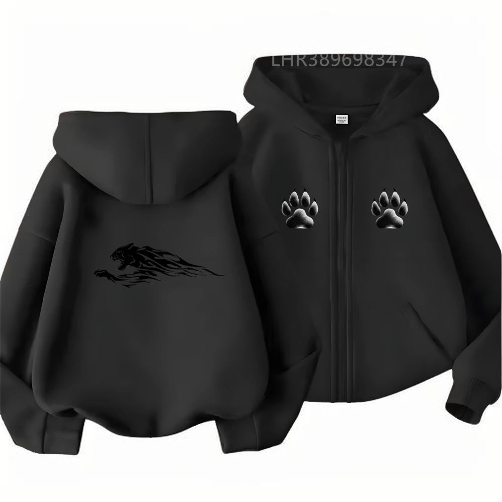 Children's Hoodie 3-12 Years Girl Boy Zip Up Cardigan Tops Cougar Print Pattern Pink Black Autumn Long Sleeve Clothing New