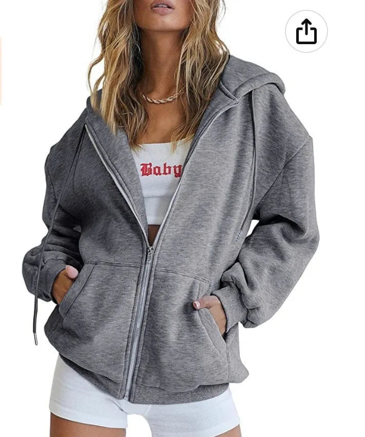 Women's Zipper Hoodie New Sweatshirt Loose Zipper Style Top Women Hooded Jacket Sweatshirt Casual Drawstring Hoodie With Pocket