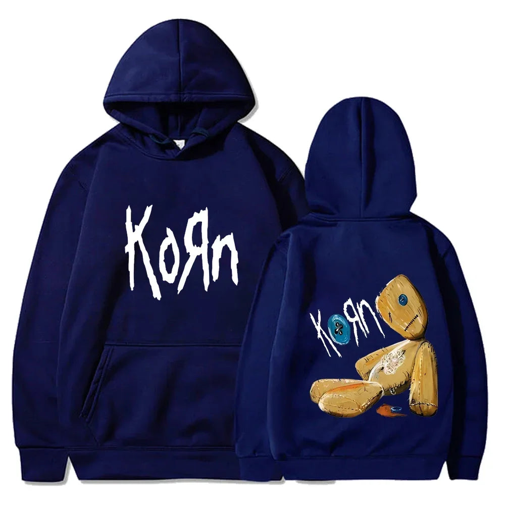 Dark Niche Nu-metal Band Hoodie with Double-sided Front and Back Voodoo Doll Logos, Loose-fit Couple Tops