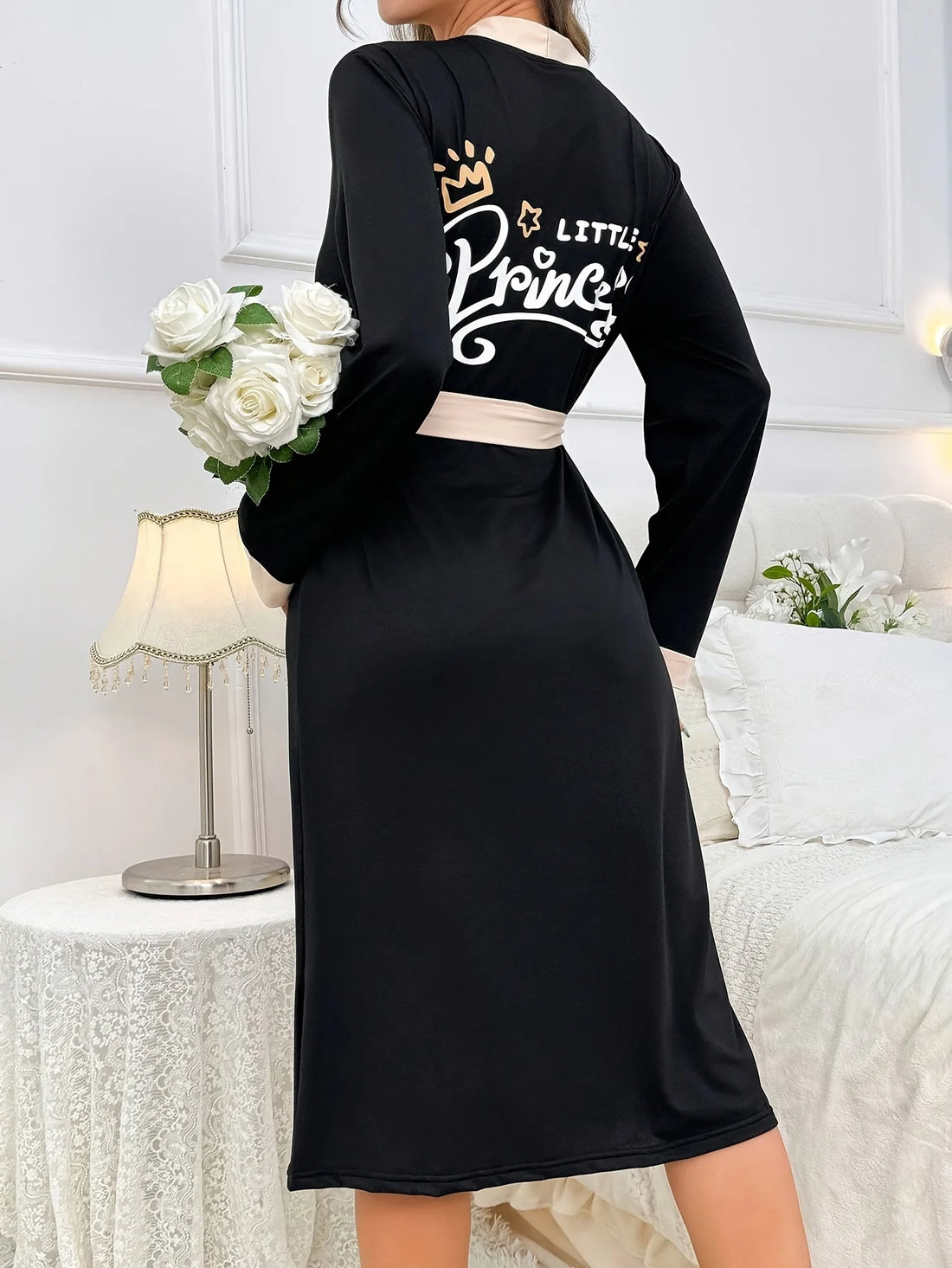 Women's new style long sleeve nightgown casual simple solid color home gown