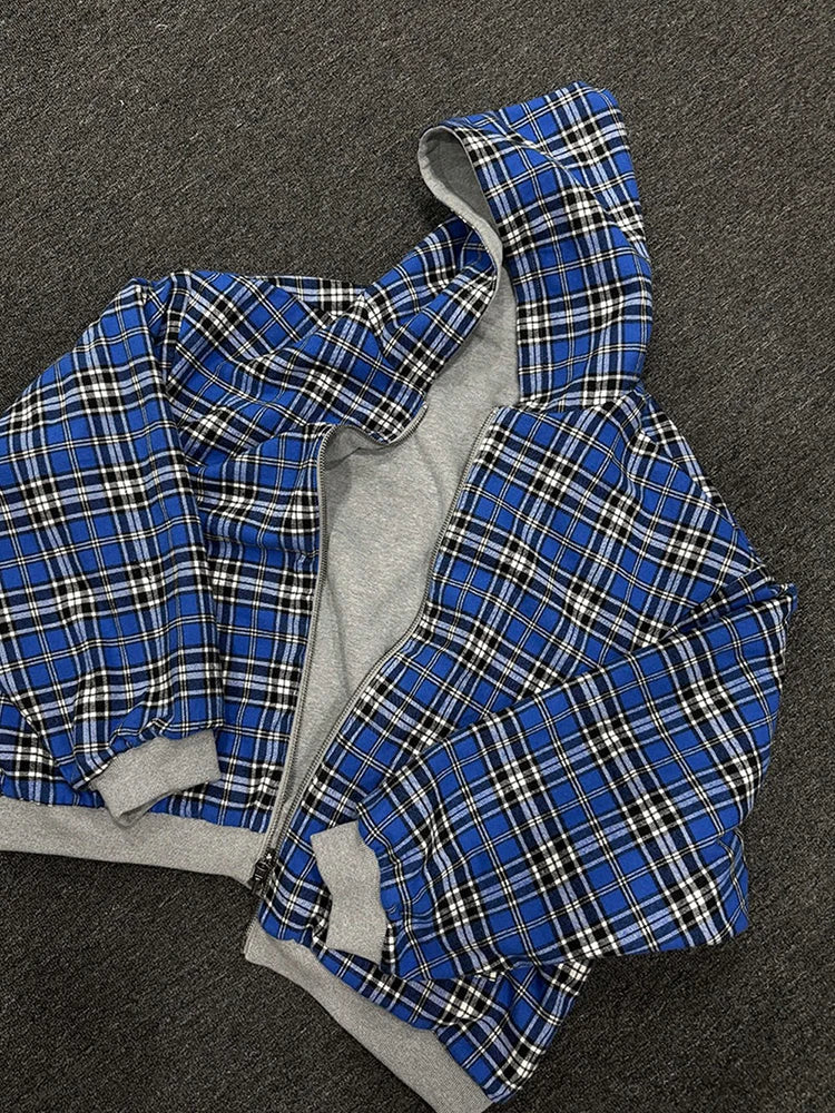 Fashion Two Wear Plaid Hoodies Women Y2K Long Sleeve Loose Hood Shirt Korean Zipper Sweatshirt Coats Streetwear Harajuku Jackets