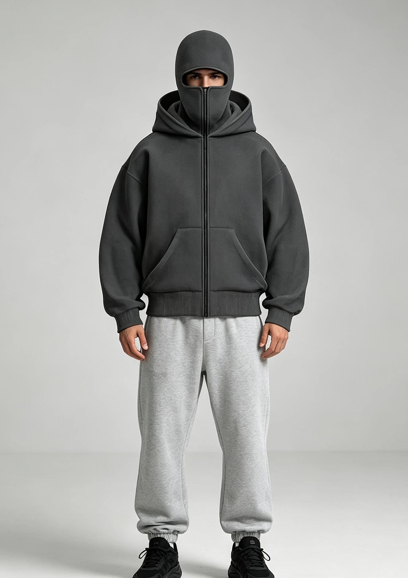 Autumn and Winter New Windproof Mask Double Hood Sweatshirt Unisex Full Zip Loose Fashionable Casual Street Coat