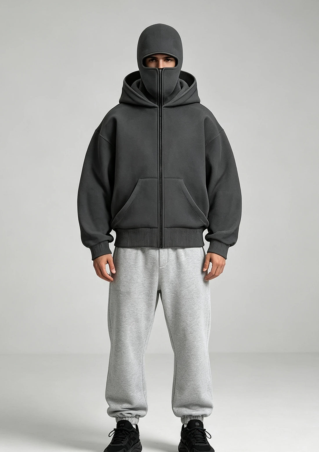 Autumn and Winter New Windproof Mask Double Hood Sweatshirt Unisex Full Zip Loose Fashionable Casual Street Coat