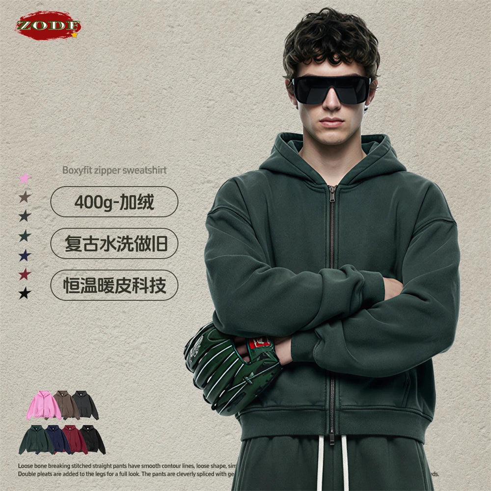 ZODF Retro Washed Man Boxy Fit 400gsm Fleece Zipper Hoodie Unisex Distressed Loose Warm Hooded Coat Jacket Brand Outwears HY1184