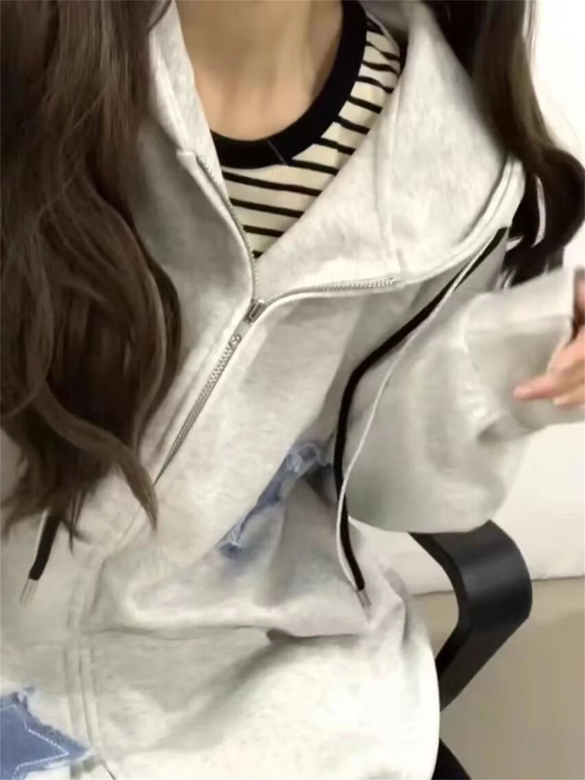 Streetwear Hoodies Women Stars Print Fashion Oversized Outwear Harajuku Casual Hooded Zipper Sweatshirt Jacket Korean Y2k Tops