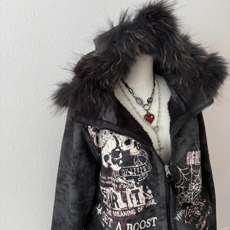Vintage Popular New Pattern Printing Hooded Sweater Women Y2K Korean Version Tight Casual Plus Velvet Padded Joker Sports Hoodie