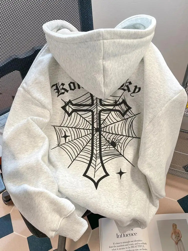 European American High Street Spider Cross Autumn Winter Fleece Warm Hooded Sweatshirt Casual Adult Men Versatile Soft Daily Use